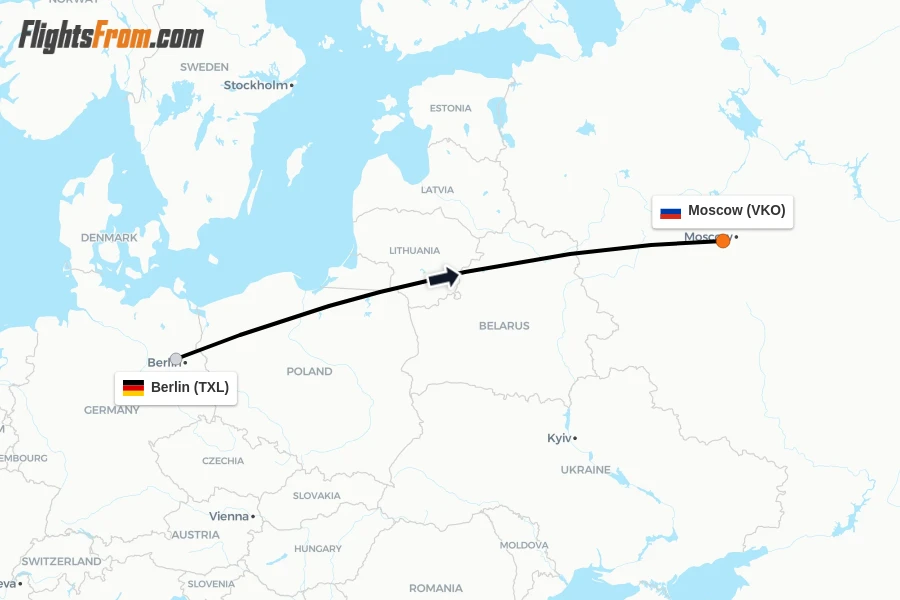 Flights from Berlin to Moscow route map