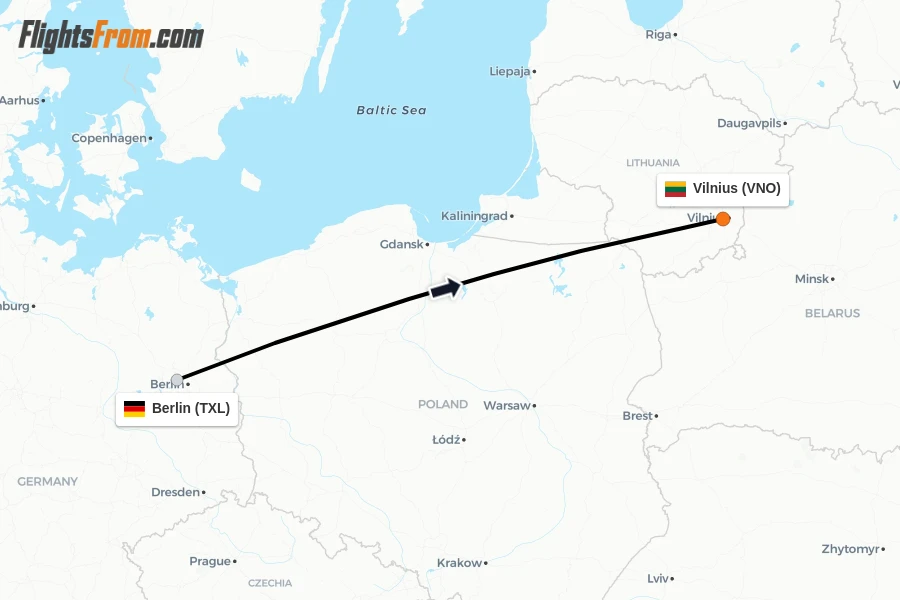 Flights from Berlin to Vilnius route map