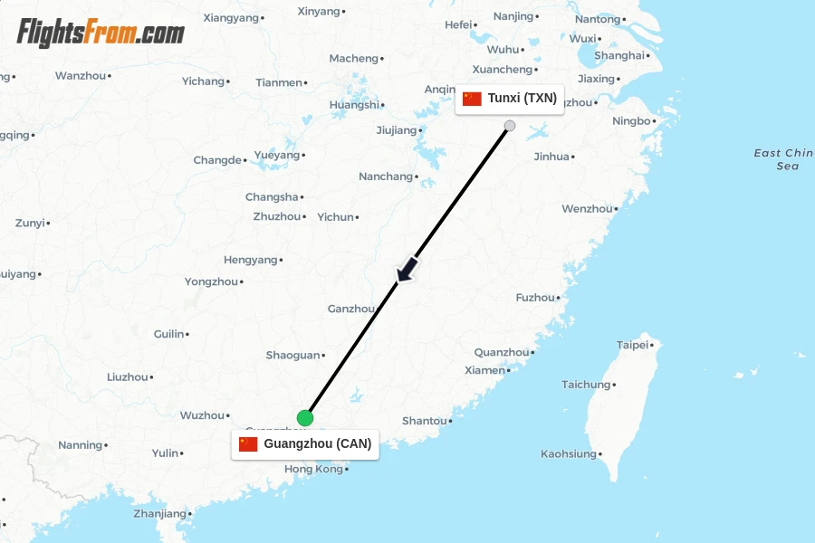 Flights from Tunxi to Guangzhou route map