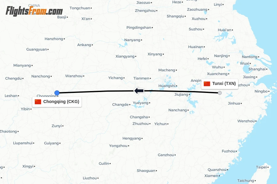 Flights from Tunxi to Chongqing route map