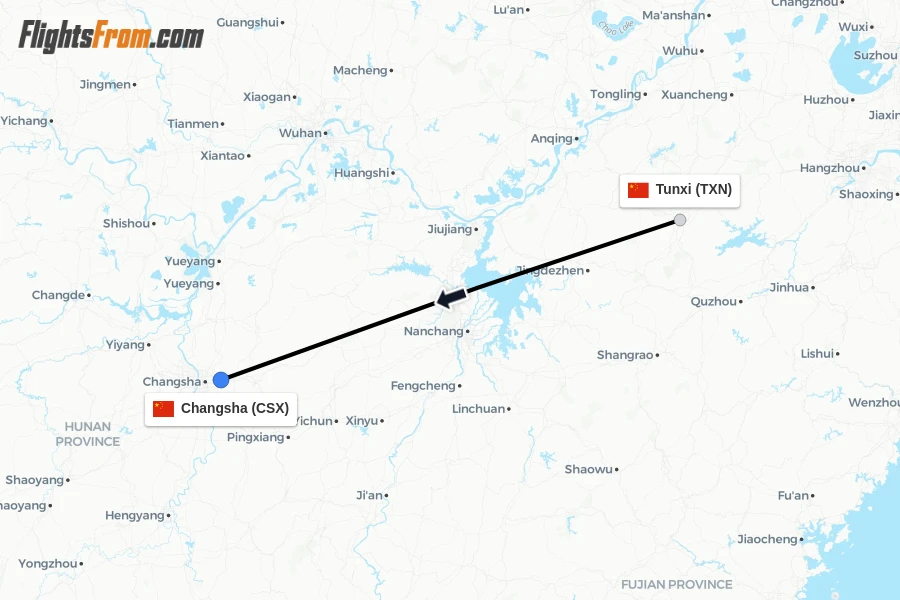 Flights from Tunxi to Changsha route map