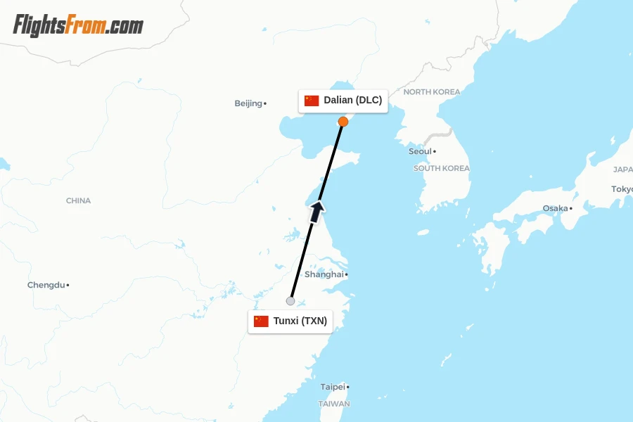 Flights from Tunxi to Dalian route map