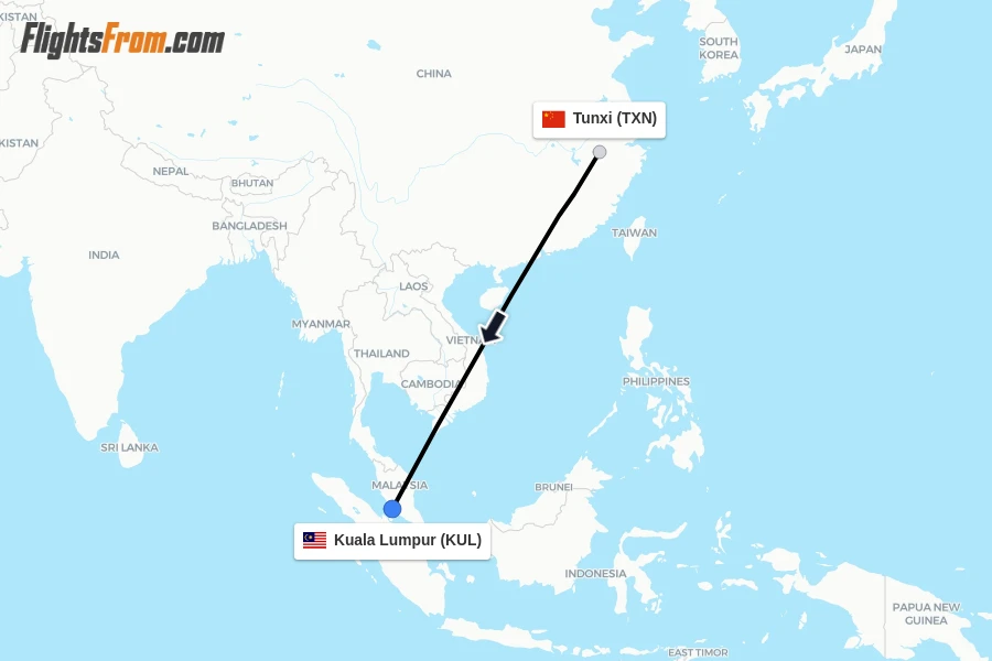 Flights from Tunxi to Kuala Lumpur route map