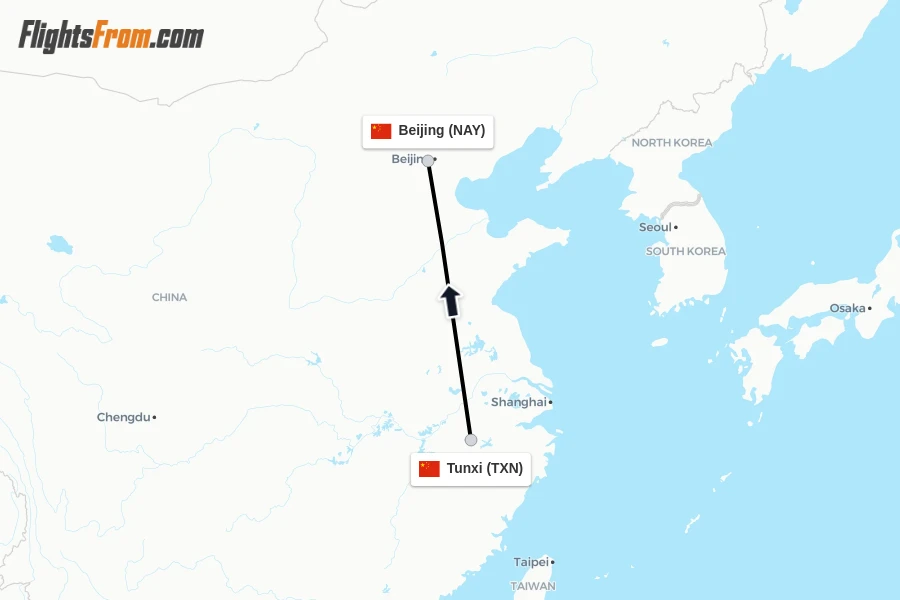 Flights from Tunxi to Beijing route map