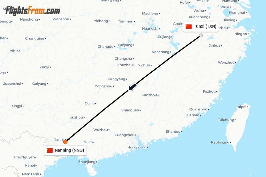 Flights from Tunxi to Nanning route map