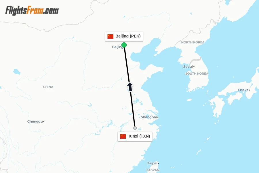 Flights from Tunxi to Beijing route map