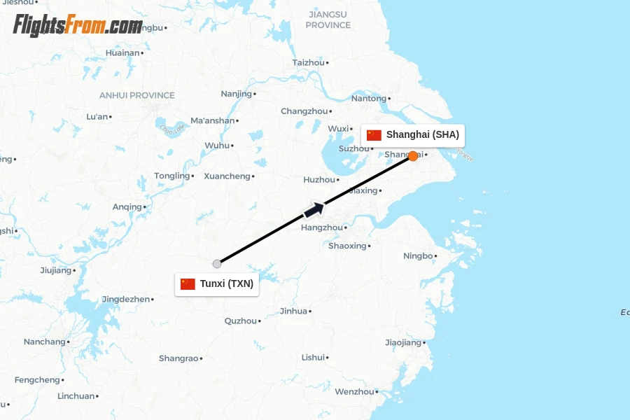 Flights from Tunxi to Shanghai route map