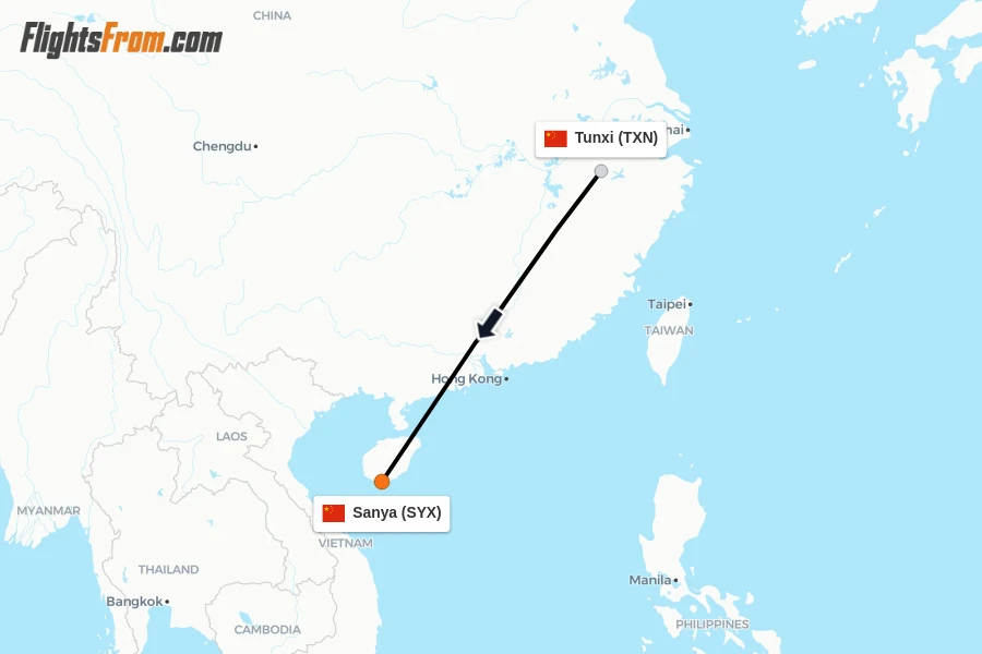 Flights from Tunxi to Sanya route map