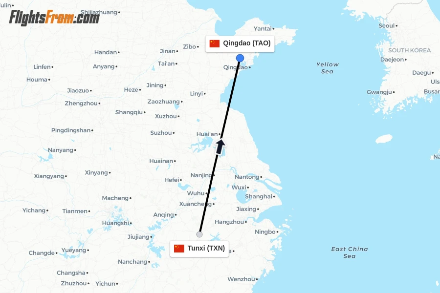 Flights from Tunxi to Qingdao route map