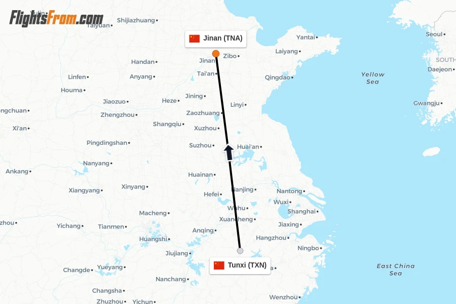 Flights from Tunxi to Jinan route map