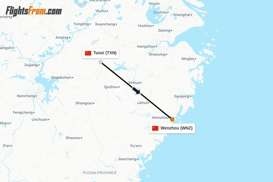 Flights from Tunxi to Wenzhou route map