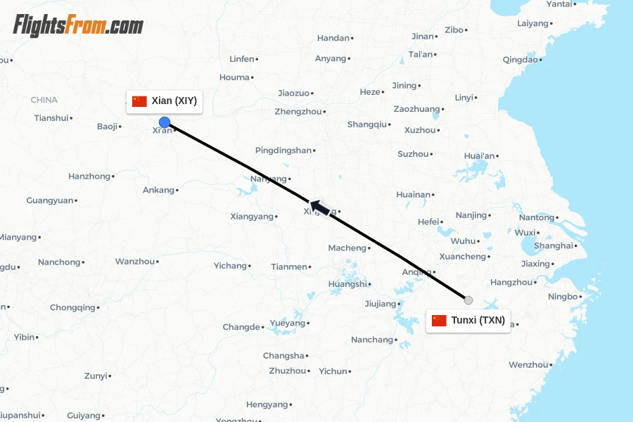 Flights from Tunxi to Xian route map