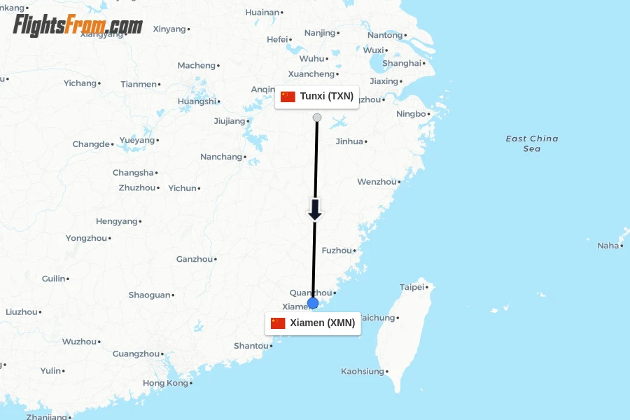 Flights from Tunxi to Xiamen route map