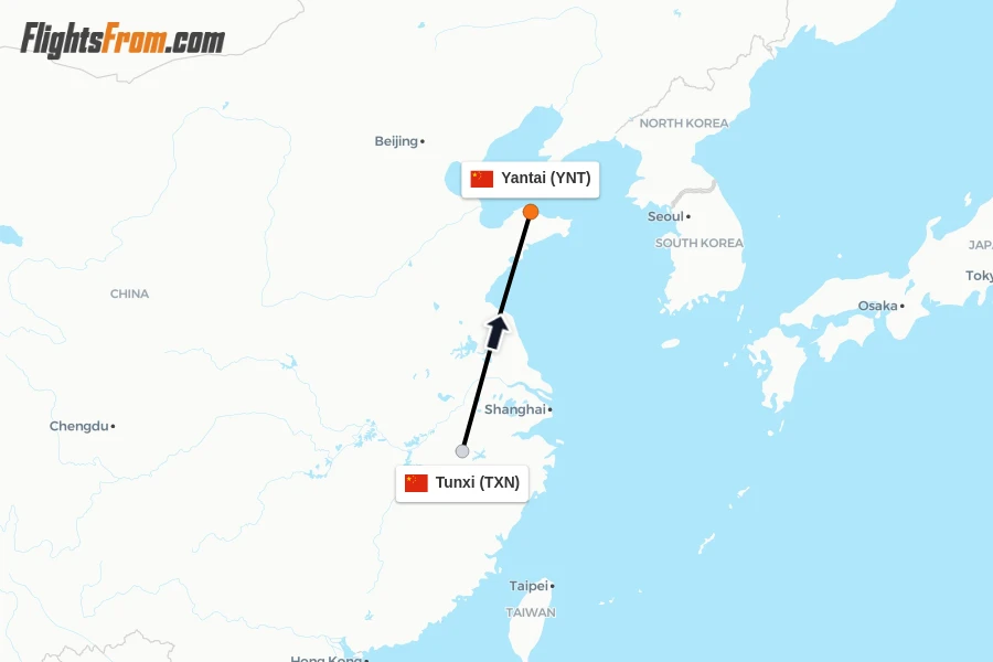 Flights from Tunxi to Yantai route map