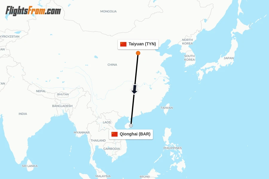 Flights from Taiyuan to Qionghai route map