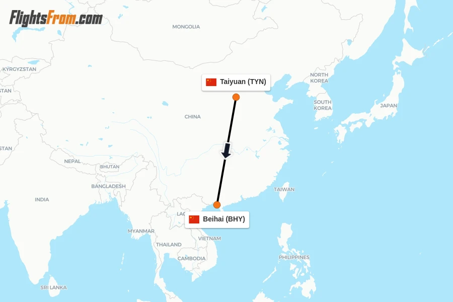 Flights from Taiyuan to Beihai route map
