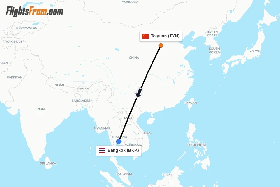 Flights from Taiyuan to Bangkok route map