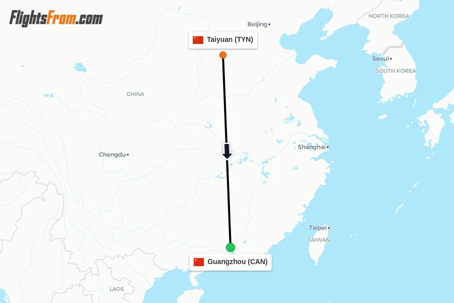 Flights from Taiyuan to Guangzhou route map