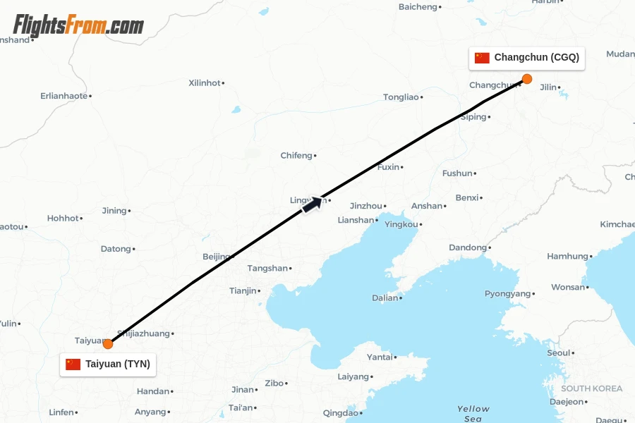 Flights from Taiyuan to Changchun route map