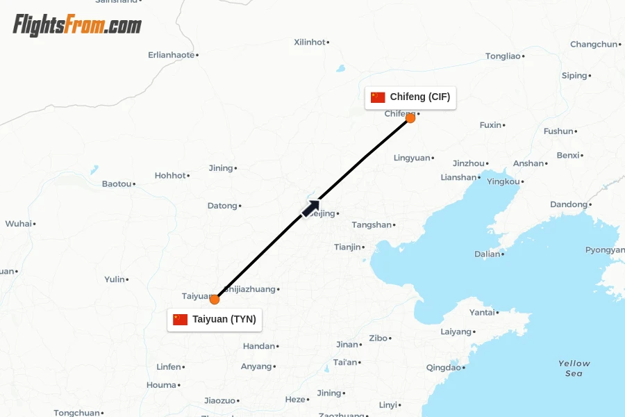 Flights from Taiyuan to Chifeng route map