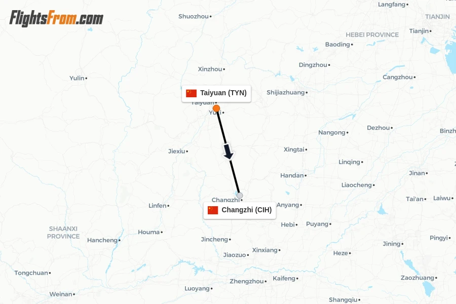 Flights from Taiyuan to Changzhi route map