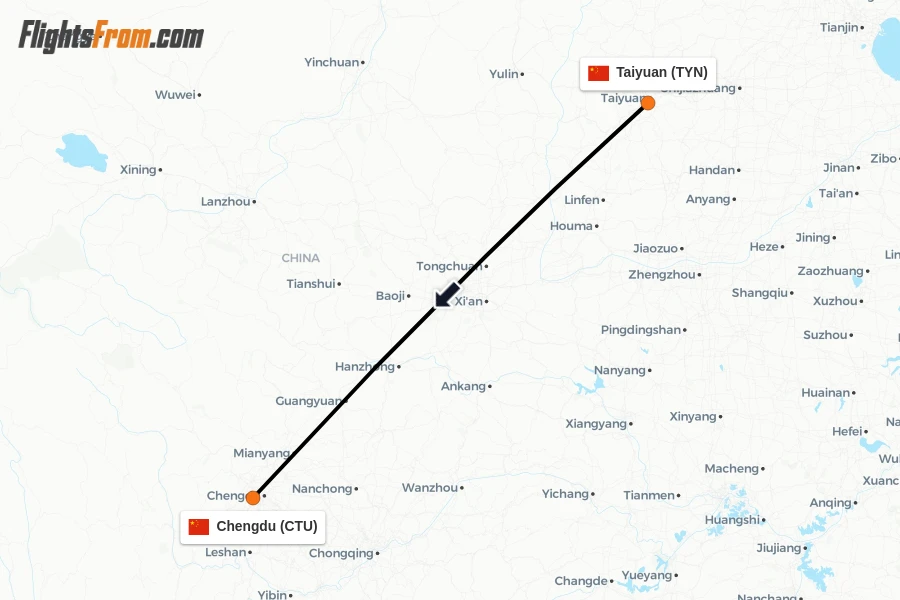Flights from Taiyuan to Chengdu route map