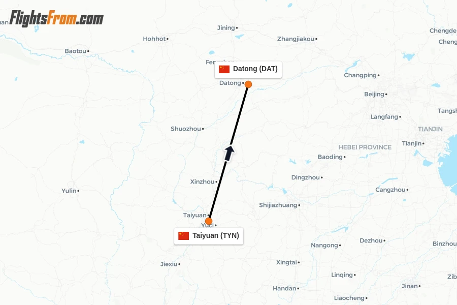 Flights from Taiyuan to Datong route map