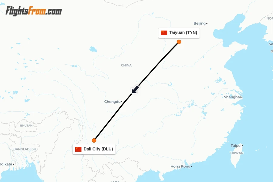 Flights from Taiyuan to Dali City route map
