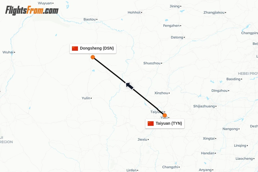 Flights from Taiyuan to Dongsheng route map