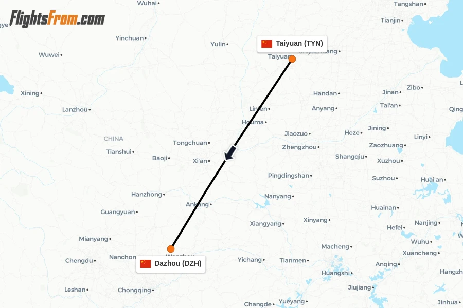 Flights from Taiyuan to Dazhou route map