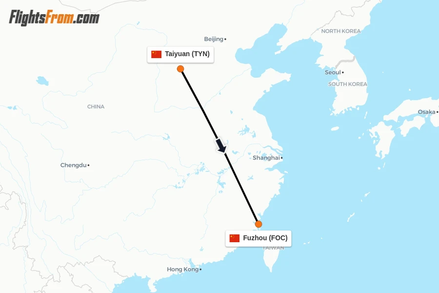 Flights from Taiyuan to Fuzhou route map