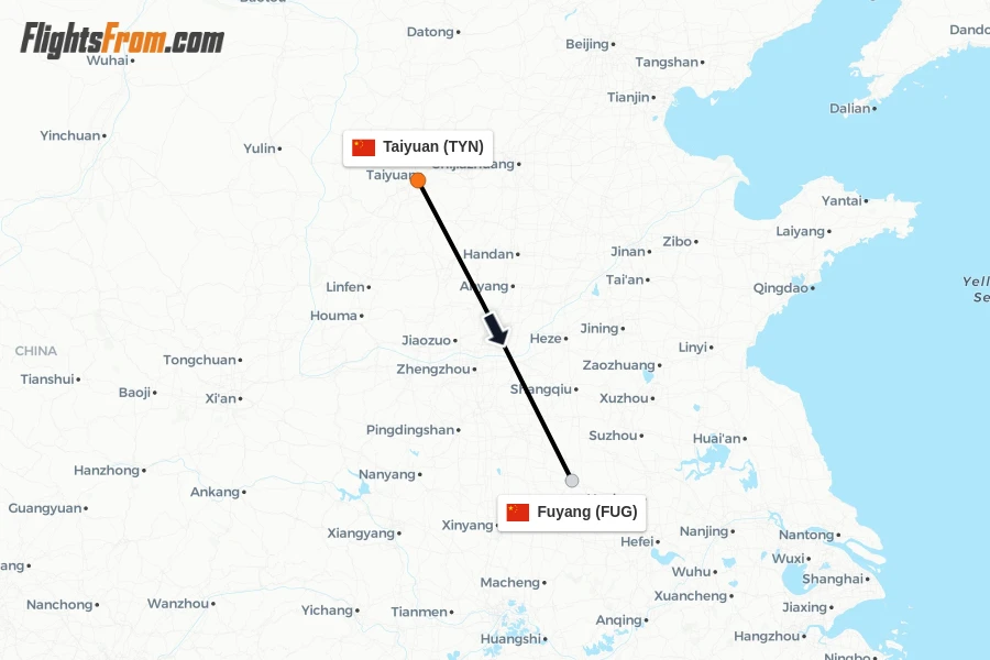 Flights from Taiyuan to Fuyang route map