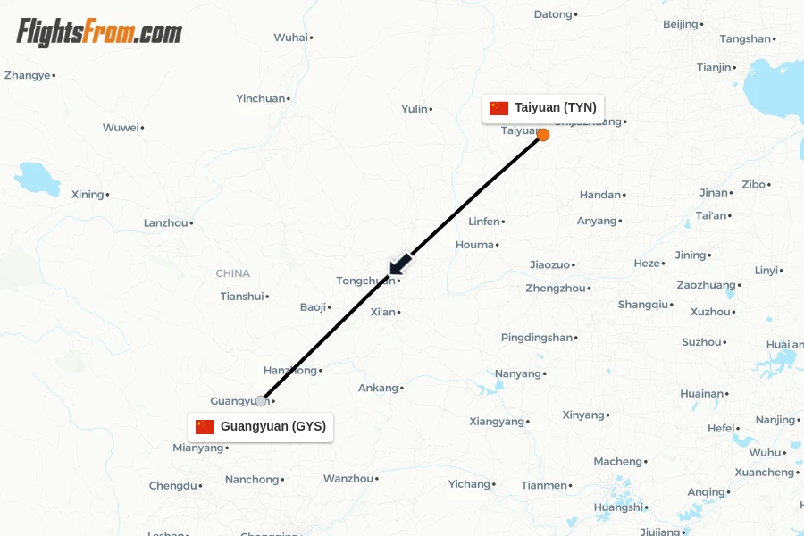 Flights from Taiyuan to Guangyuan route map