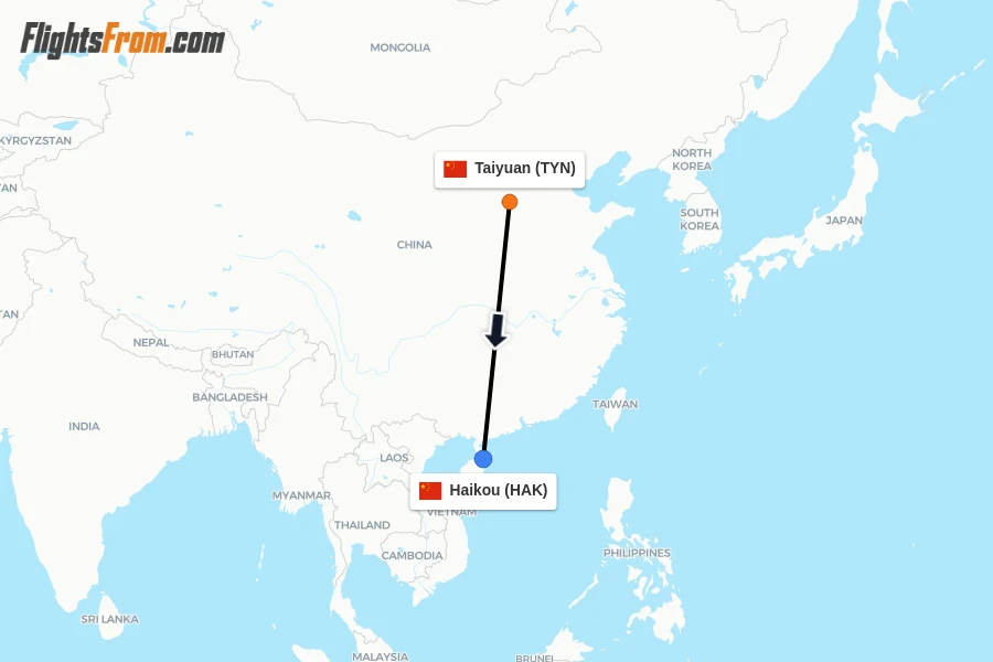 Flights from Taiyuan to Haikou route map