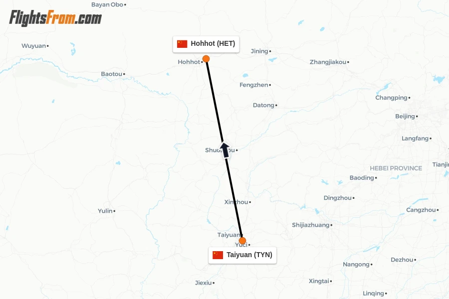 Flights from Taiyuan to Hohhot route map