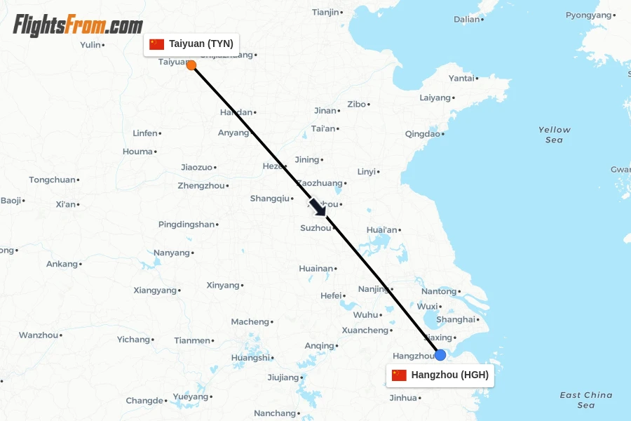 Flights from Taiyuan to Hangzhou route map