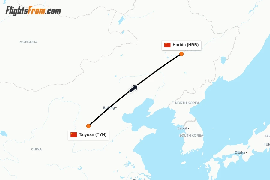 Flights from Taiyuan to Harbin route map