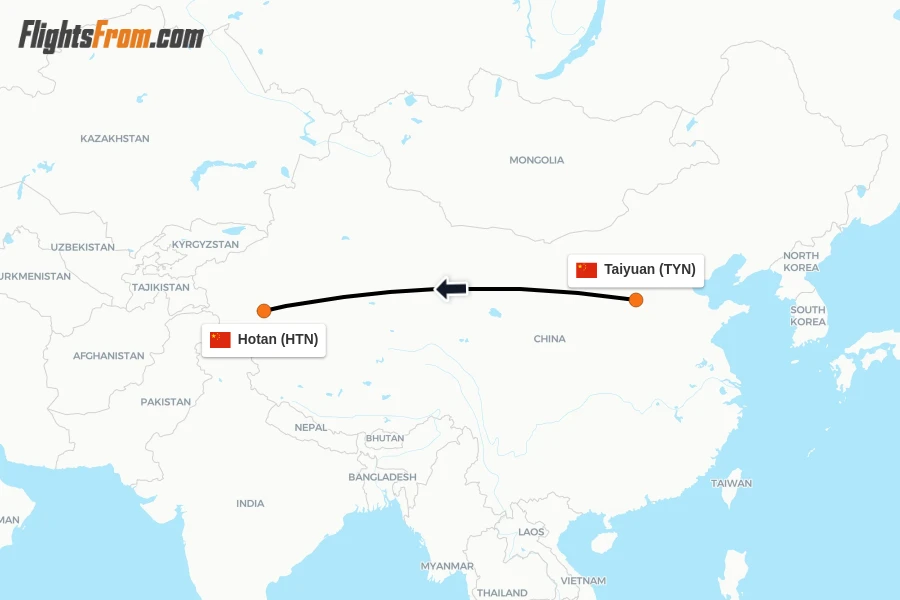 Flights from Taiyuan to Hotan route map