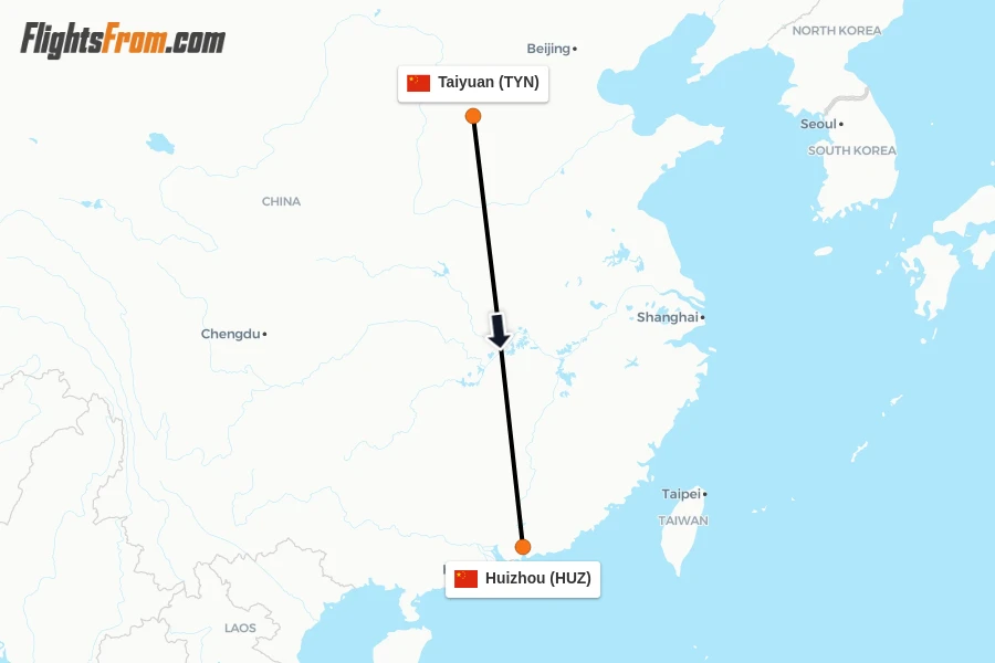 Flights from Taiyuan to Huizhou route map
