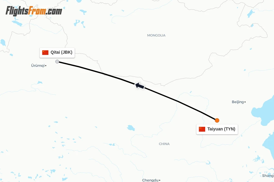 Flights from Taiyuan to Qitai route map