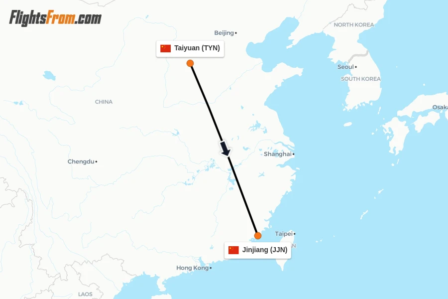 Flights from Taiyuan to Jinjiang route map