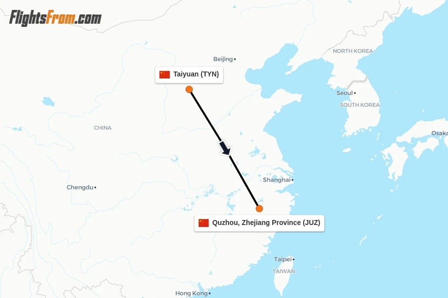 Flights from Taiyuan to Quzhou, Zhejiang Province route map