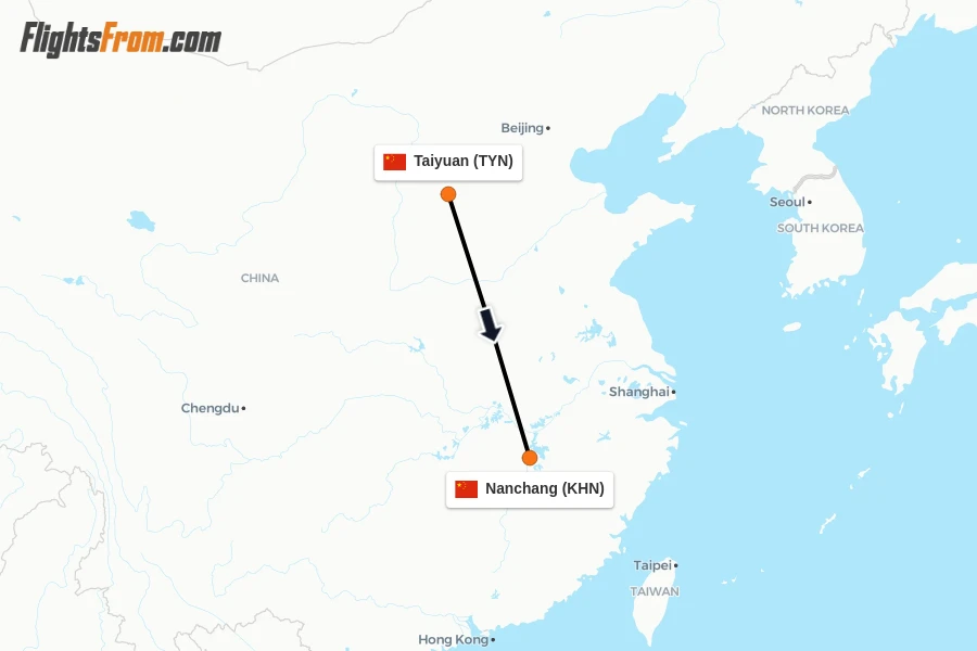 Flights from Taiyuan to Nanchang route map