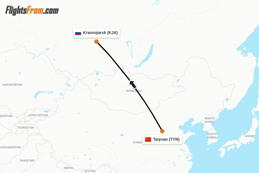 Flights from Taiyuan to Krasnojarsk route map