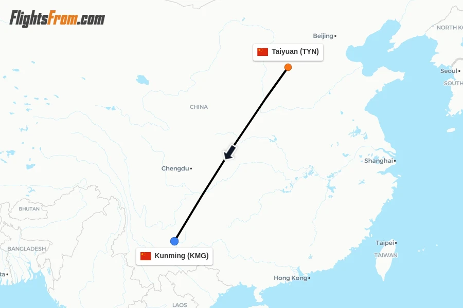 Flights from Taiyuan to Kunming route map