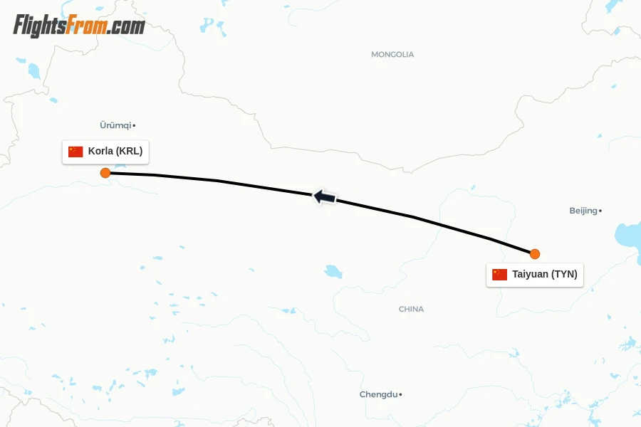 Flights from Taiyuan to Korla route map