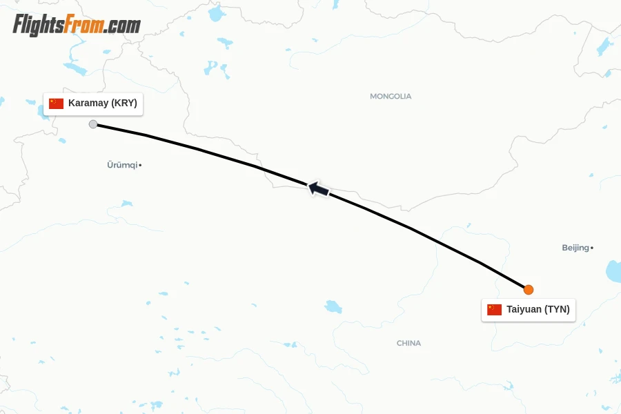 Flights from Taiyuan to Karamay route map