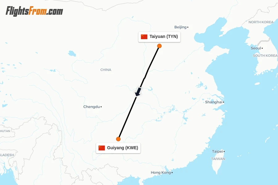 Flights from Taiyuan to Guiyang route map