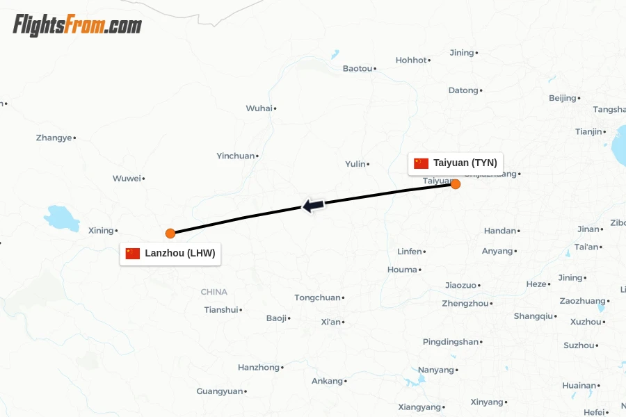 Flights from Taiyuan to Lanzhou route map