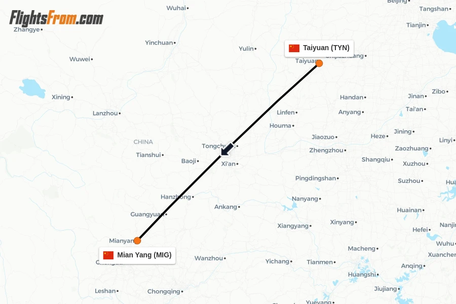 Flights from Taiyuan to Mian Yang route map